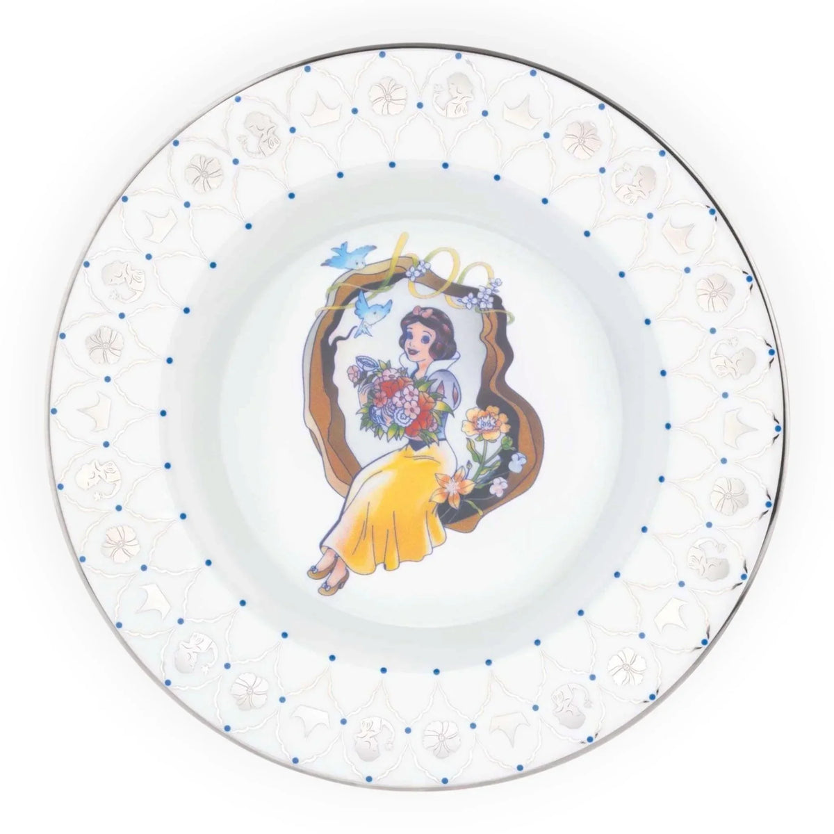 Snow White porcelain plate with floral bouquet, blue birds, and ornate border for home decor