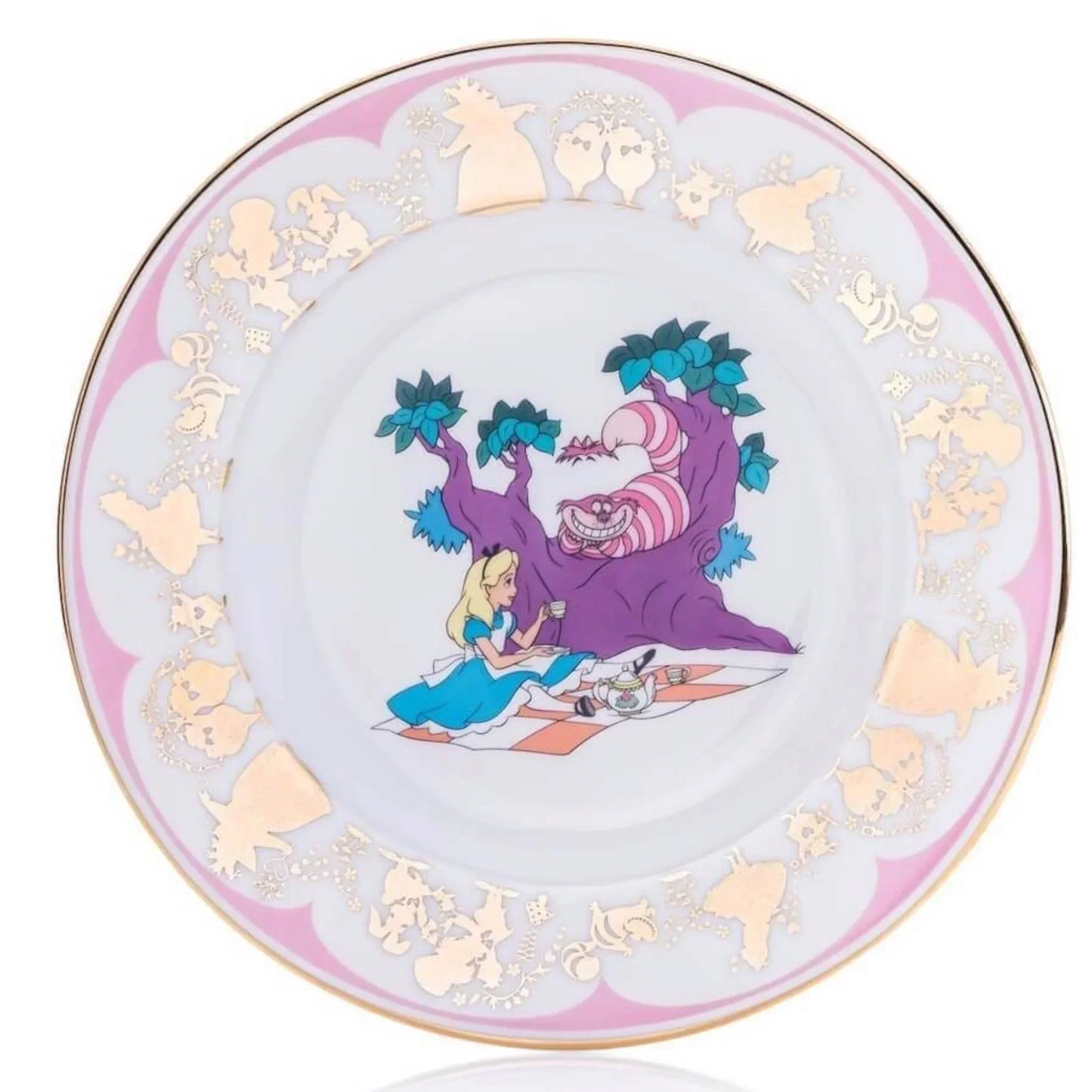 Alice in Wonderland themed decorative plate with Cheshire Cat, gold accents, and pink border for home décor