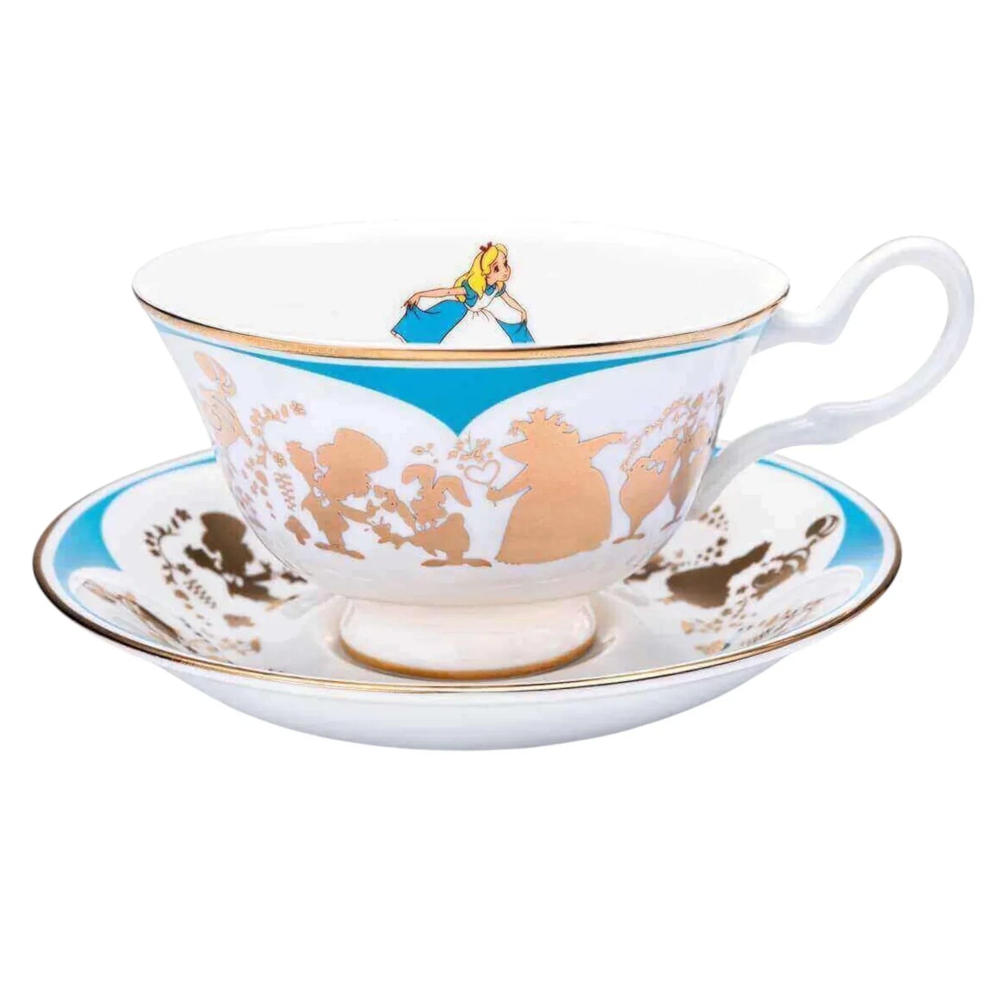 Alice in Wonderland teacup and saucer with gold silhouettes, blue accents, and vintage Disney design