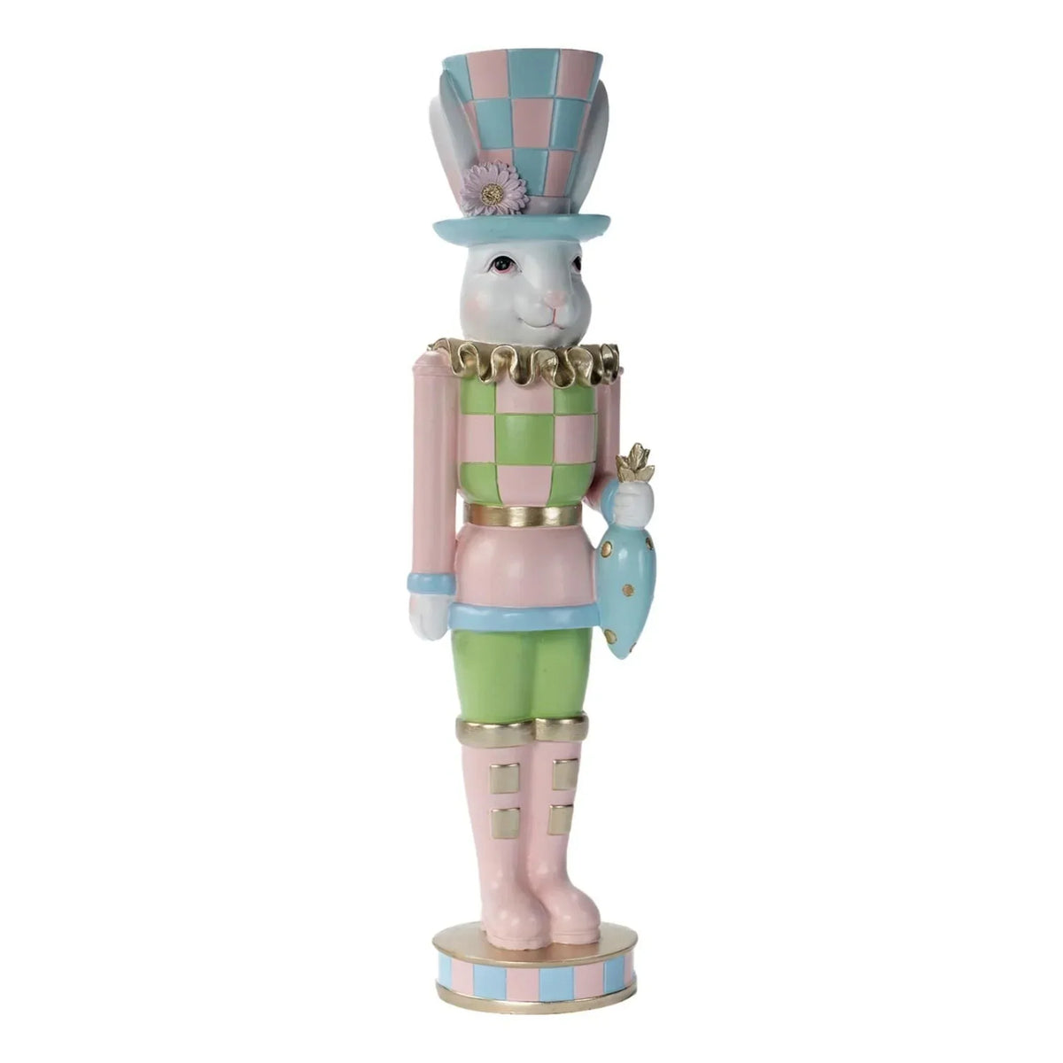 Pastel Easter bunny nutcracker with checkered hat and carrot, home décor accent piece