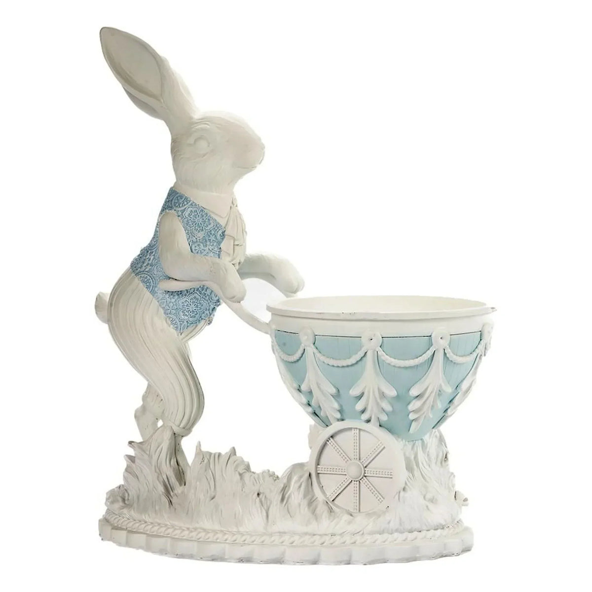 White rabbit figurine in blue vest pushing ornate cart, vintage home décor accent piece