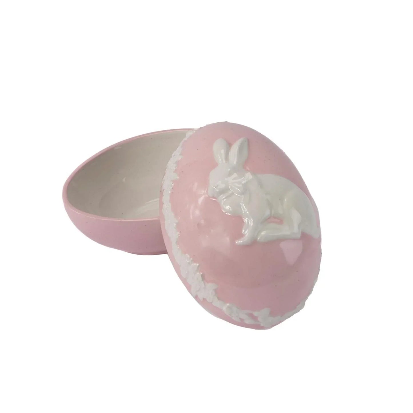Pink ceramic egg-shaped trinket box with white bunny relief, perfect for Easter home décor