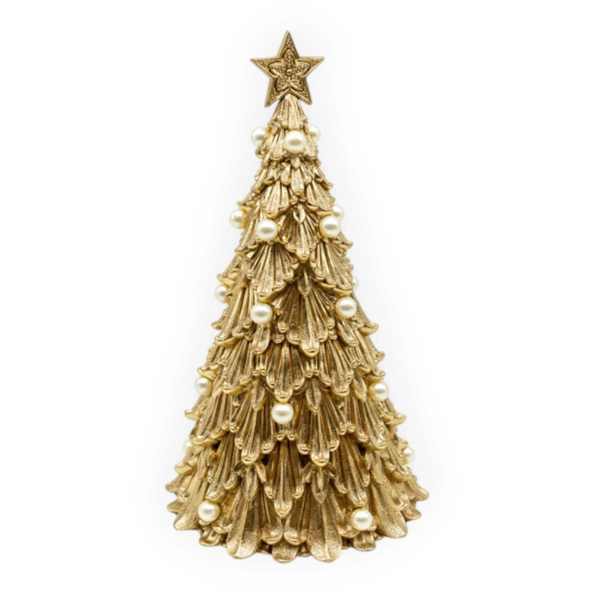 Golden Christmas tree ornament with pearl accents and star topper, elegant holiday home décor