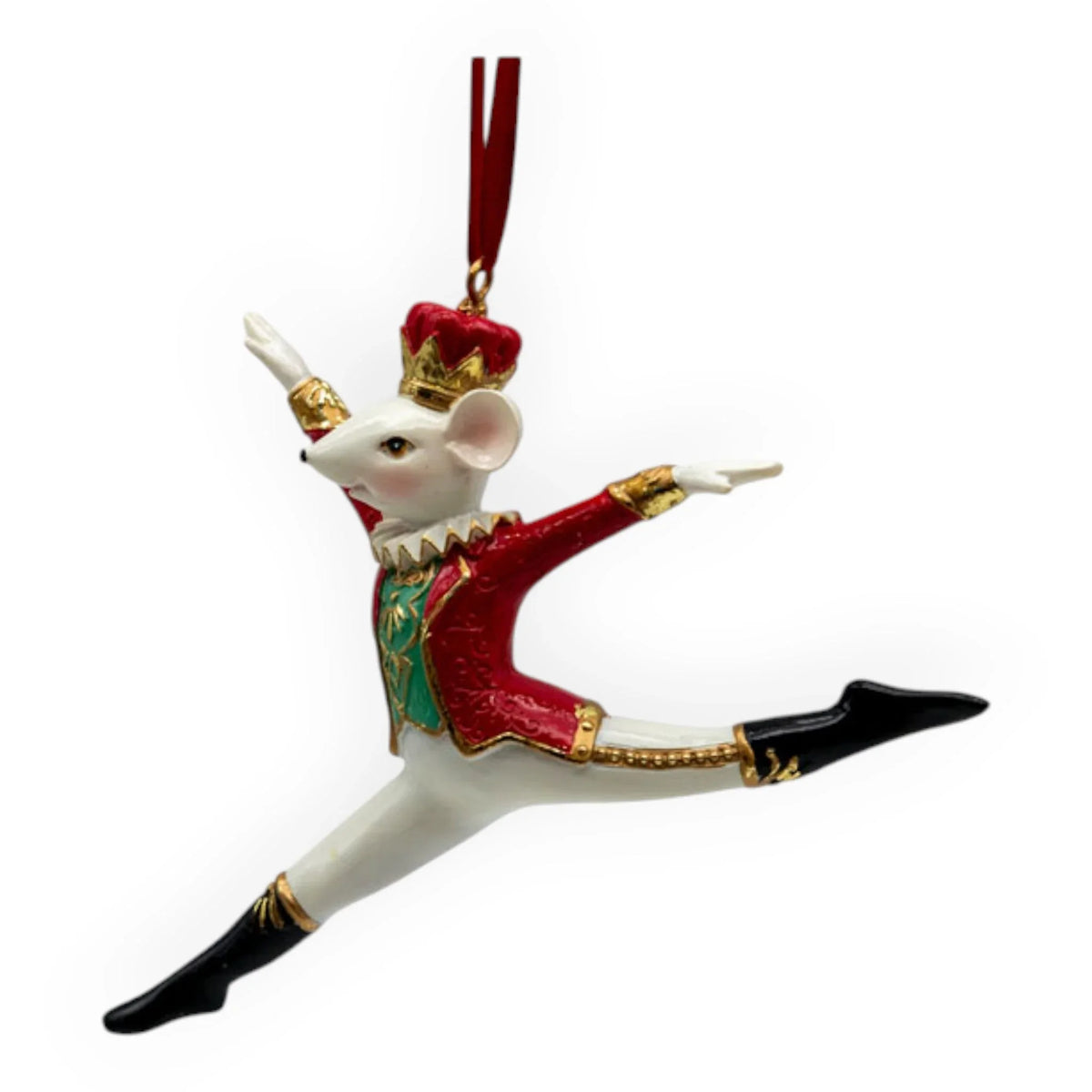 White mouse nutcracker ornament in red and gold royal costume, perfect for Christmas tree decor
