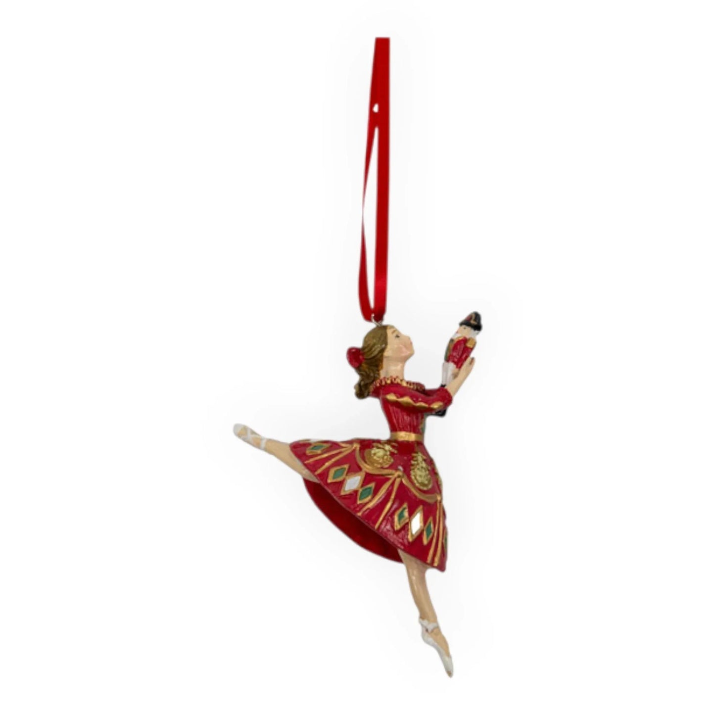Red and gold ballerina Christmas ornament holding nutcracker, festive holiday décor