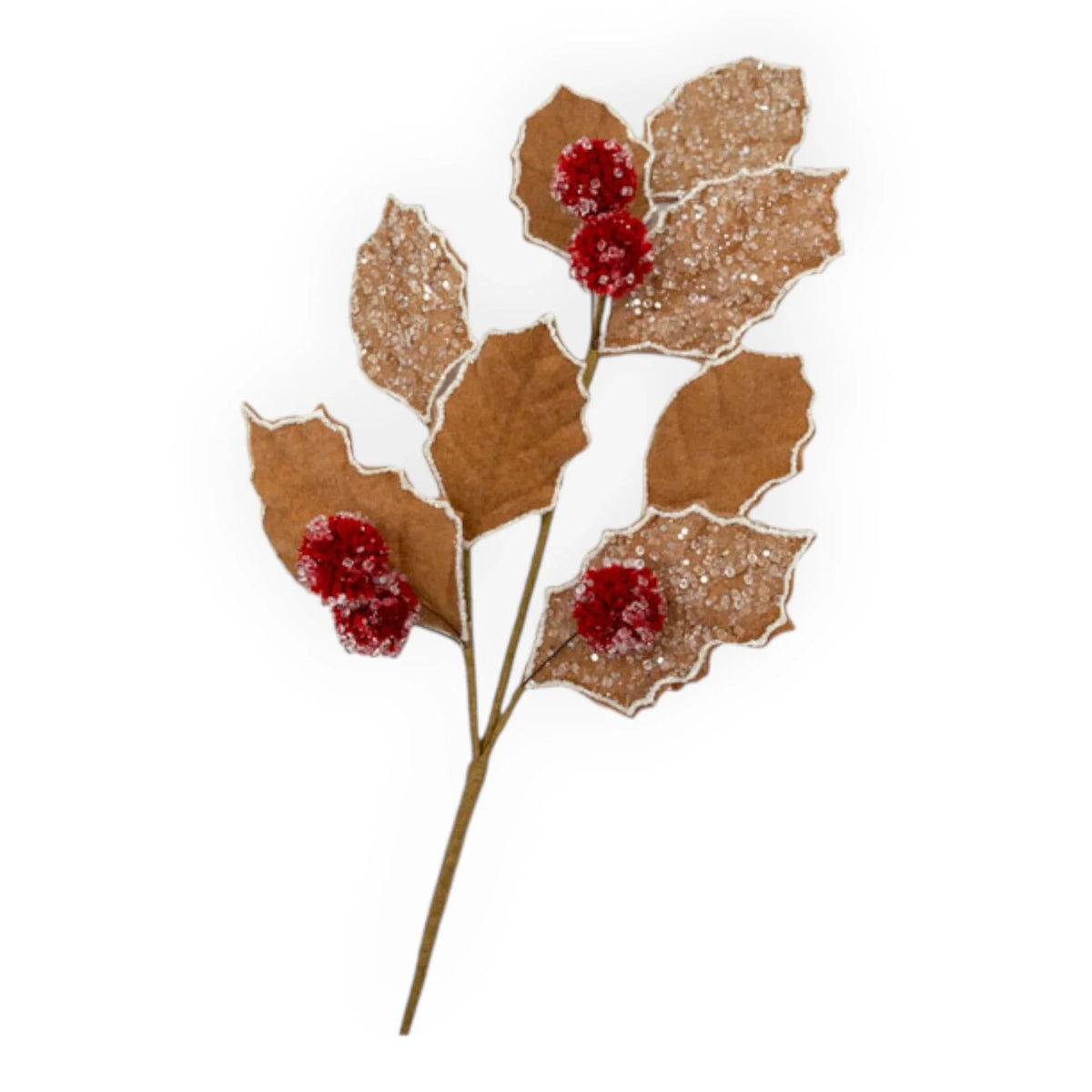 Glittery gold holly branch with red berries, festive home décor accent