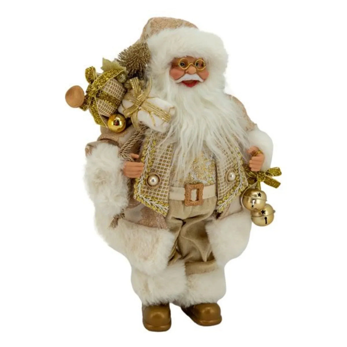 Vintage-style Santa figurine with gold accents, carrying gifts and jingle bells, perfect for Christmas home décor