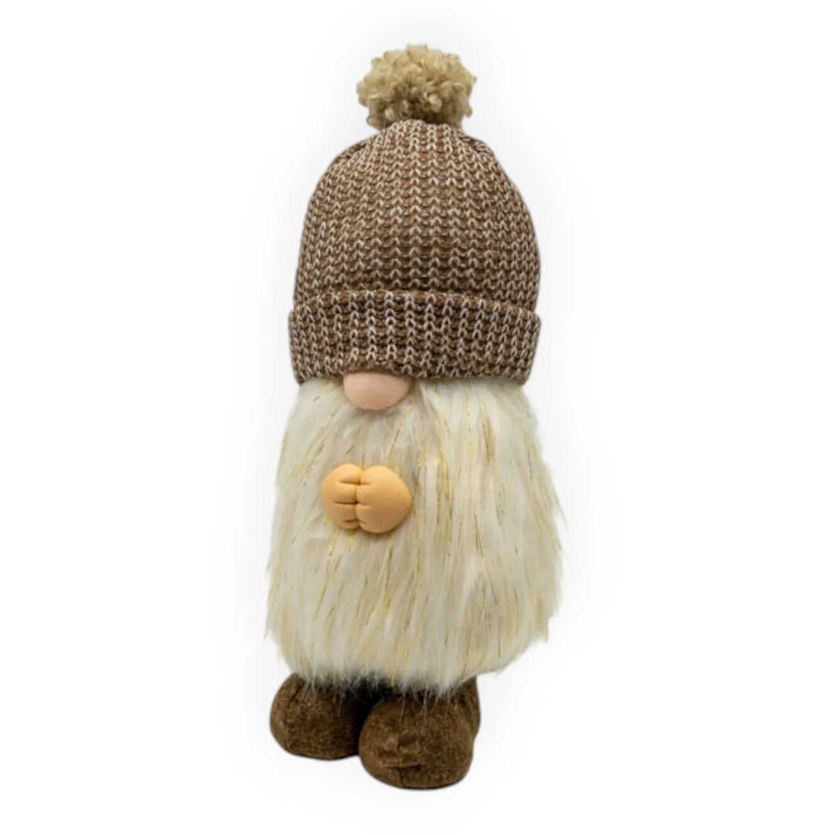 Charming knit hat gnome with fluffy white beard, perfect for cozy home décor and festive holiday styling.