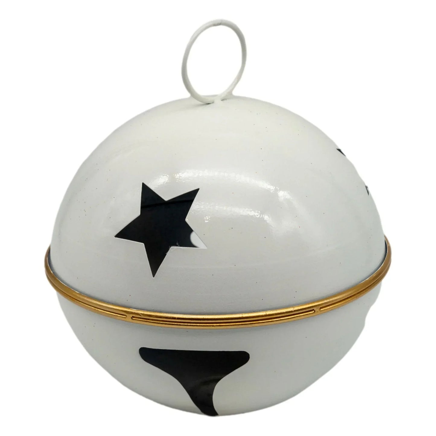White enamel bell with black star cutouts and gold trim, festive home décor accent