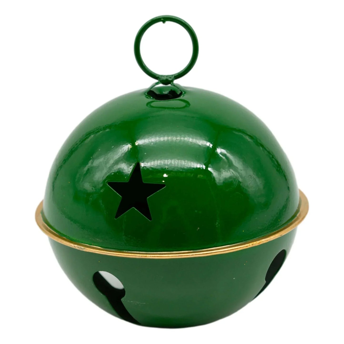 Green metal jingle bell with star cutout, gold trim, holiday home decor accent