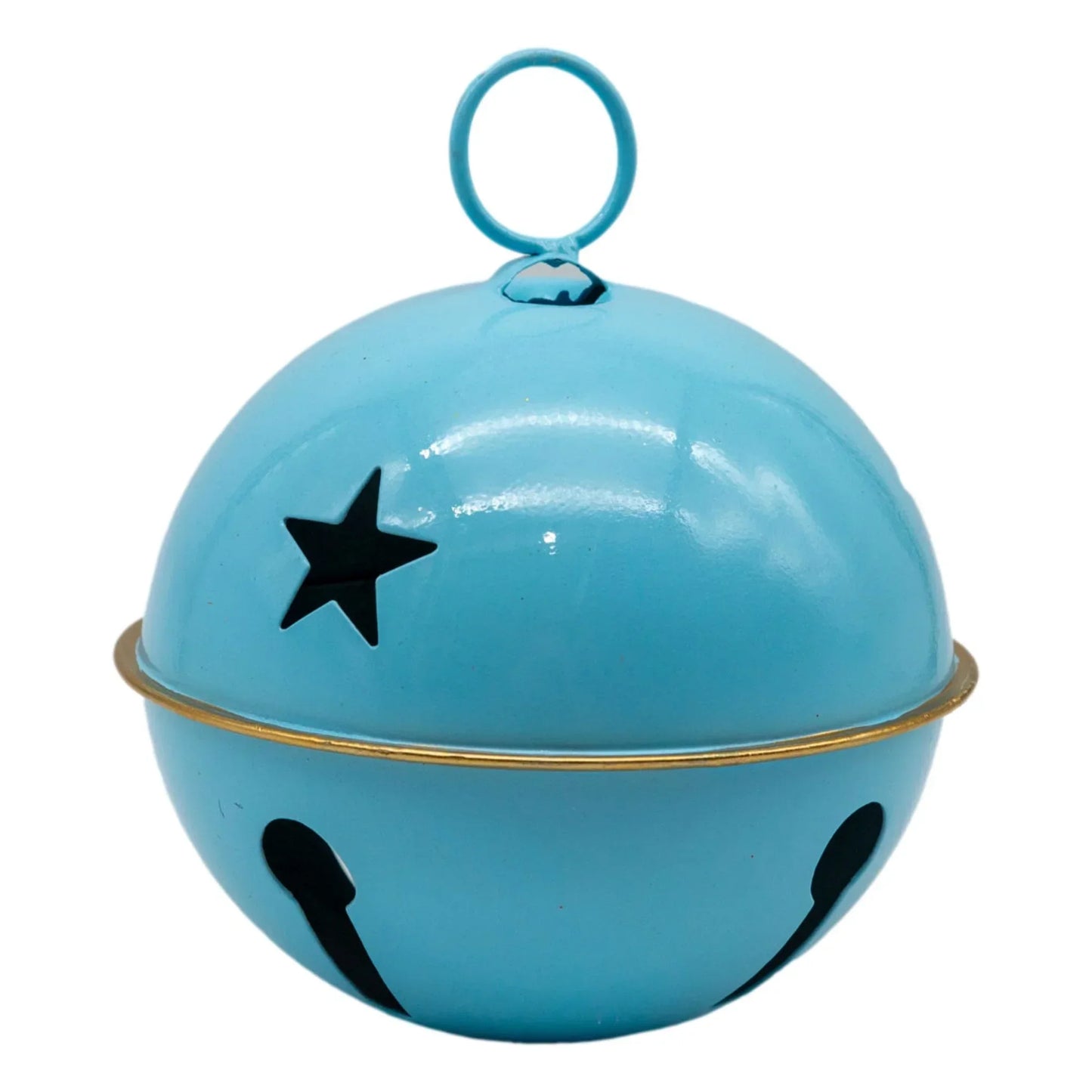 Blue metal jingle bell with star cutout, gold rim, and hanging loop for holiday home decor