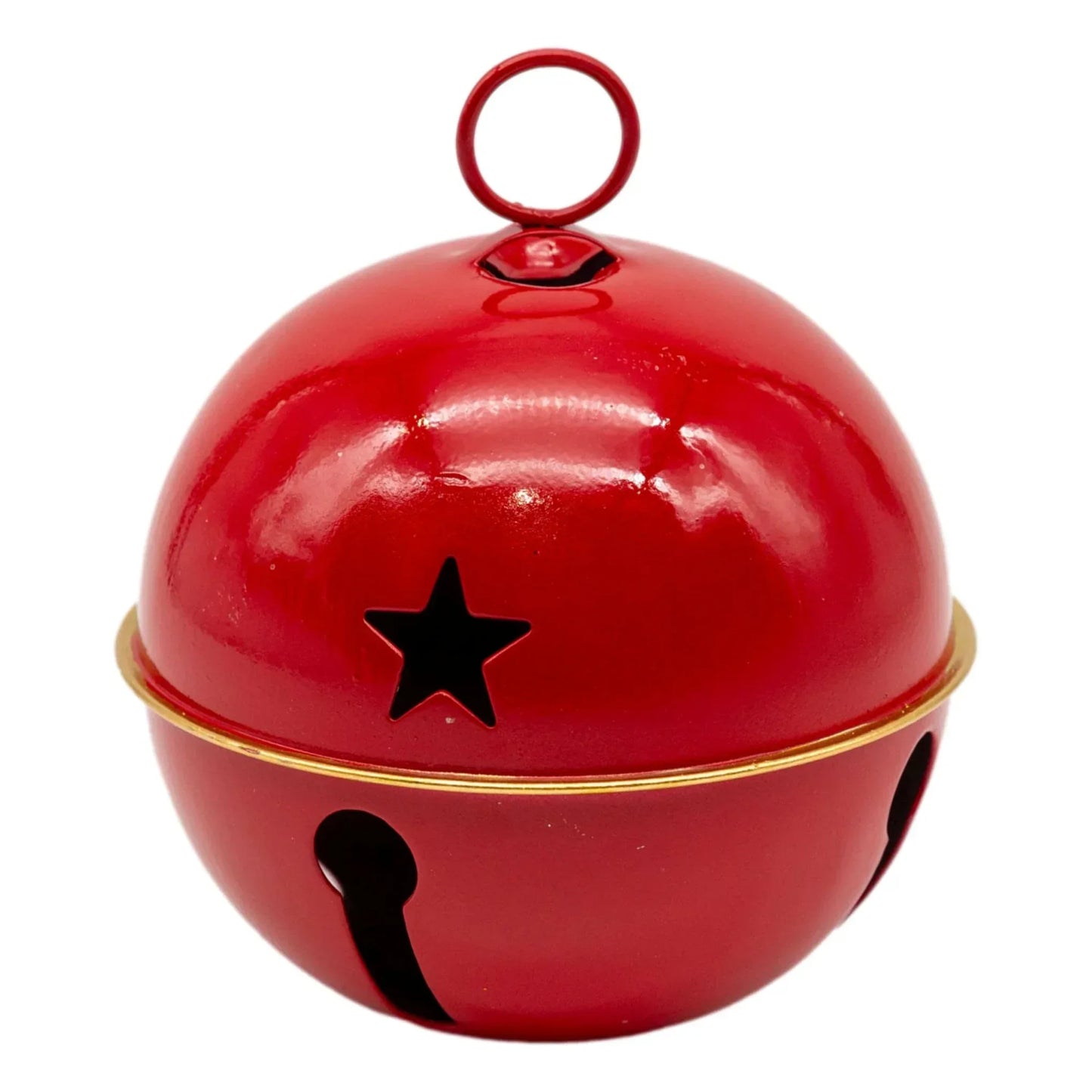 Red holiday jingle bell with star cutout, gold trim, and hanging loop for Christmas décor
