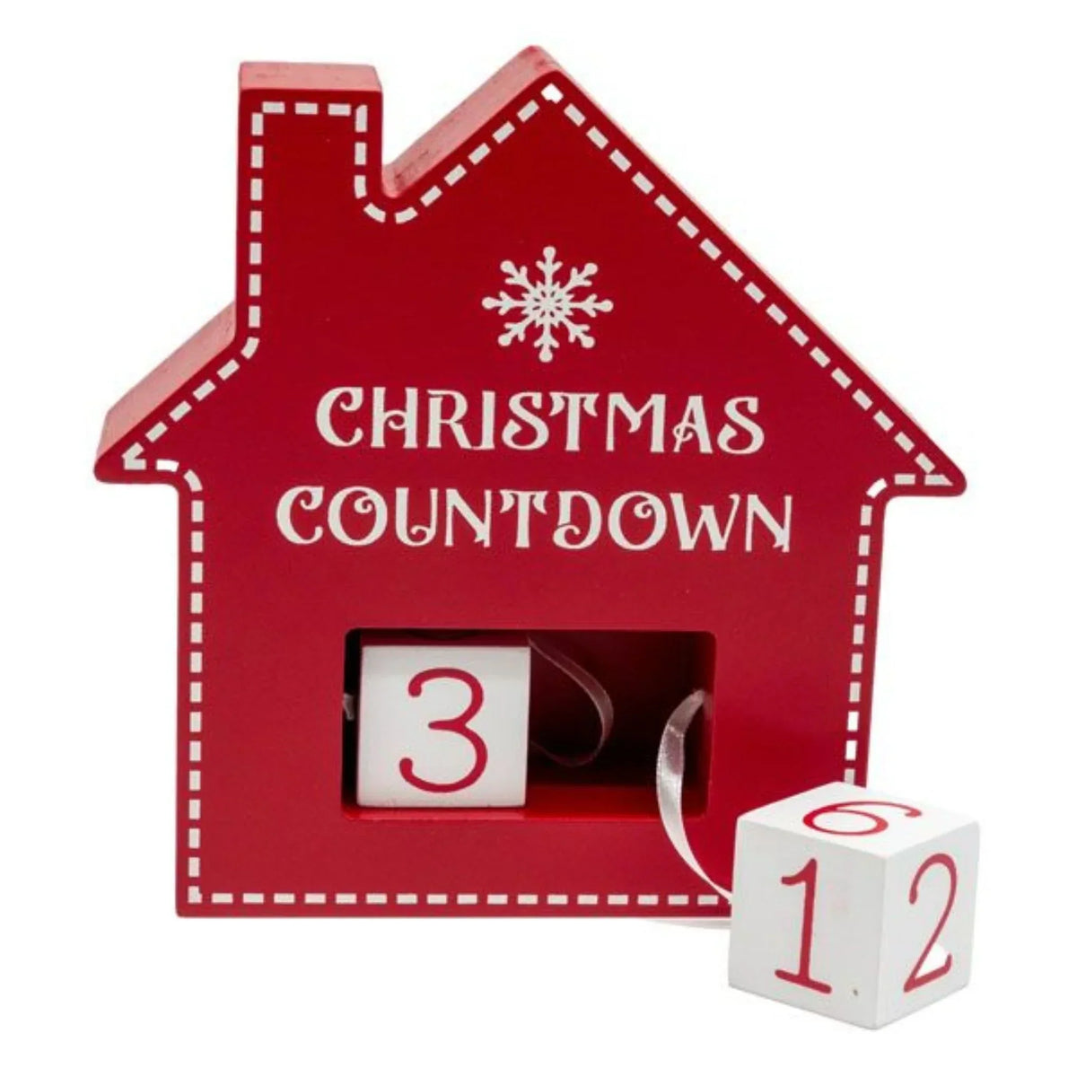 Red house-shaped Christmas countdown calendar with wooden number blocks, festive snowflake design