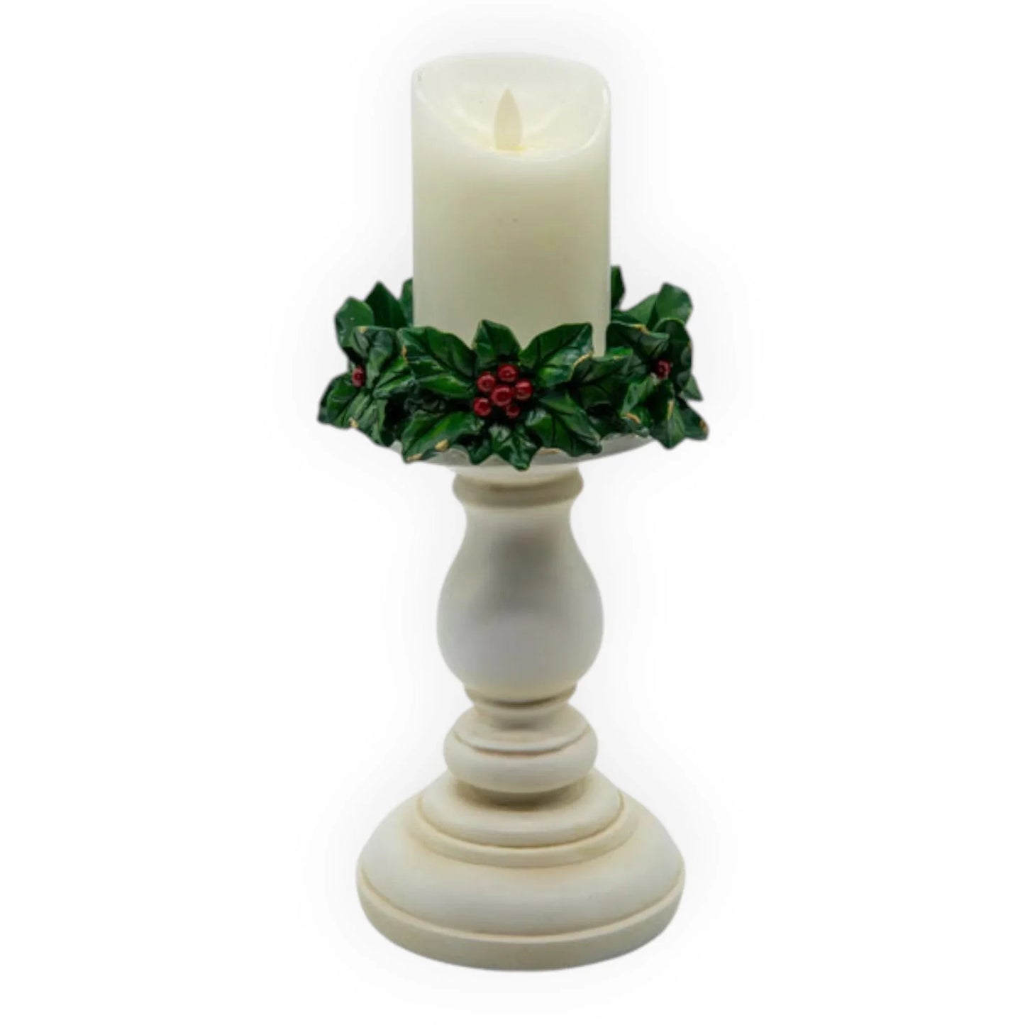 White candle holder with holly wreath, festive home decor for Christmas table or mantle