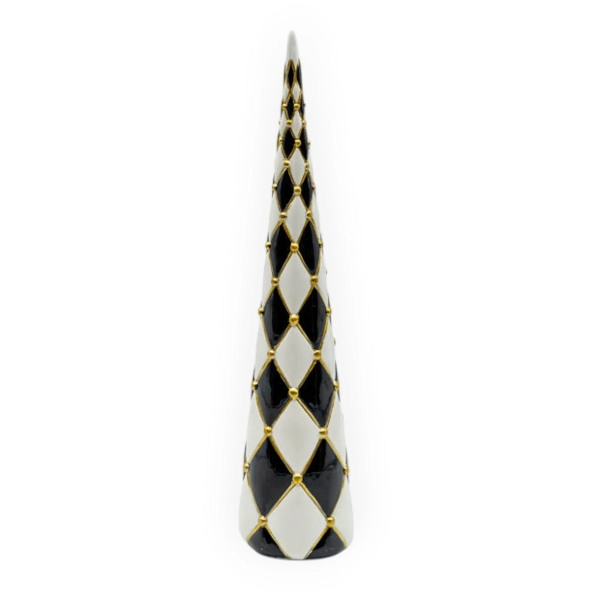 Black and white harlequin patterned cone-shaped home décor with gold accents