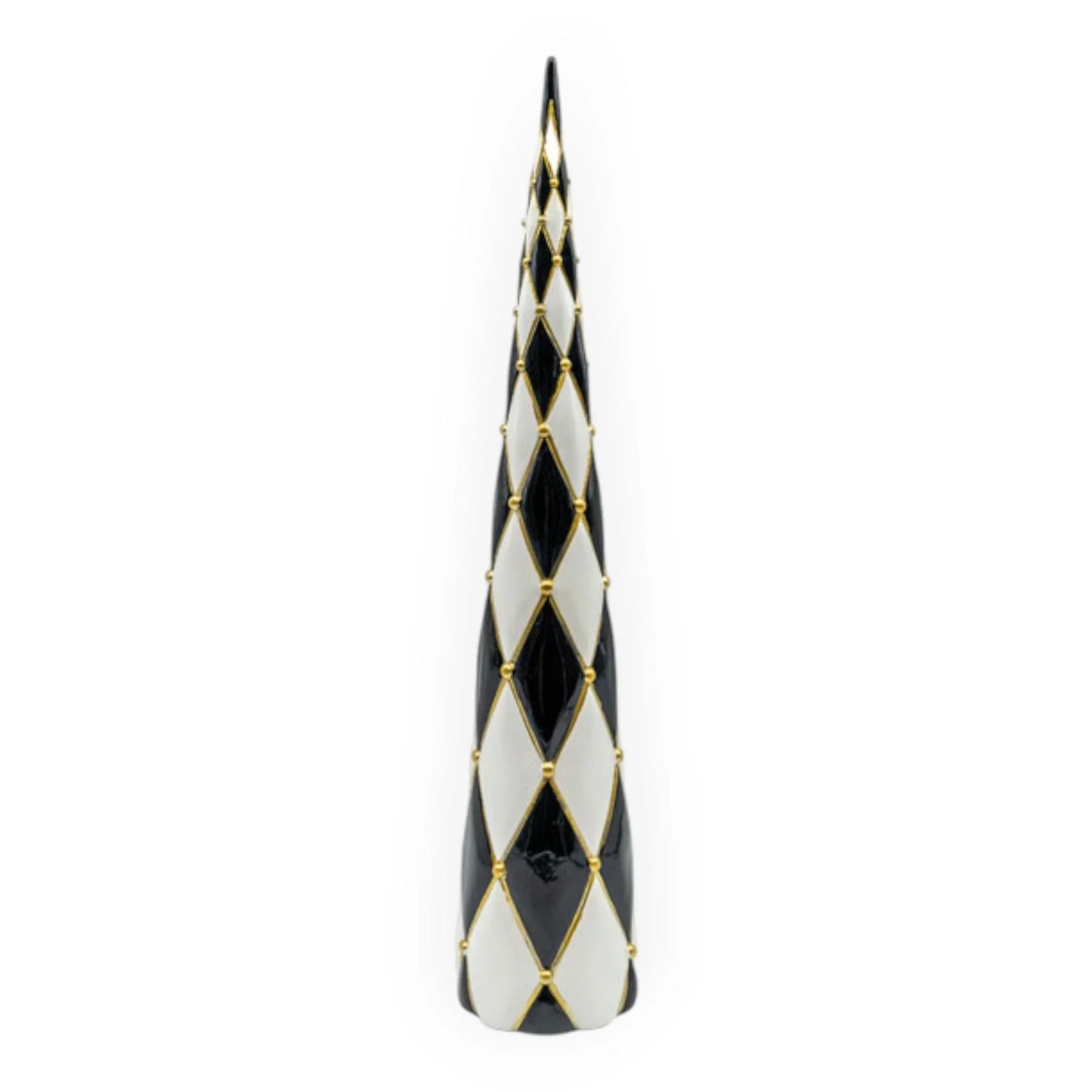 Black and white harlequin diamond pattern ceramic Christmas tree with gold bead detailing, 50cm