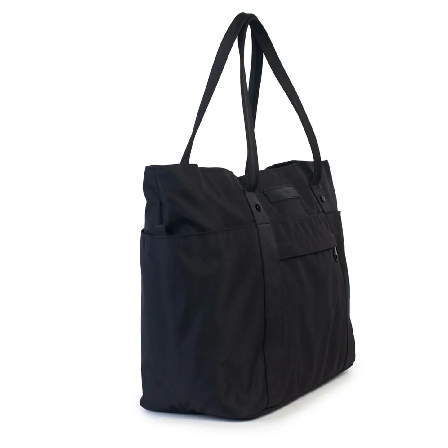 Black tote bag with side pockets and long handles for everyday use