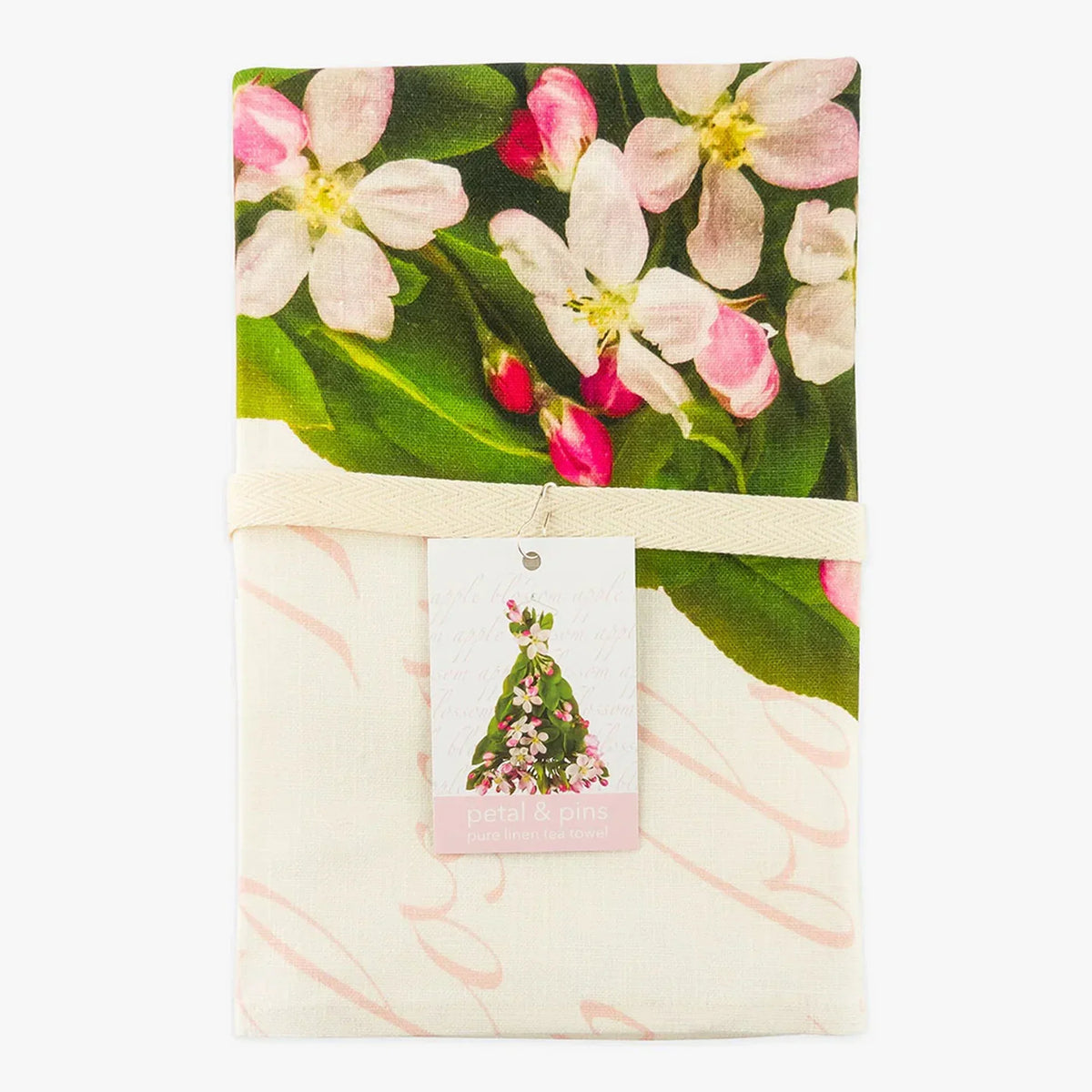 Petal & Pins pure linen tea towel with apple blossom floral print, vintage home décor accent