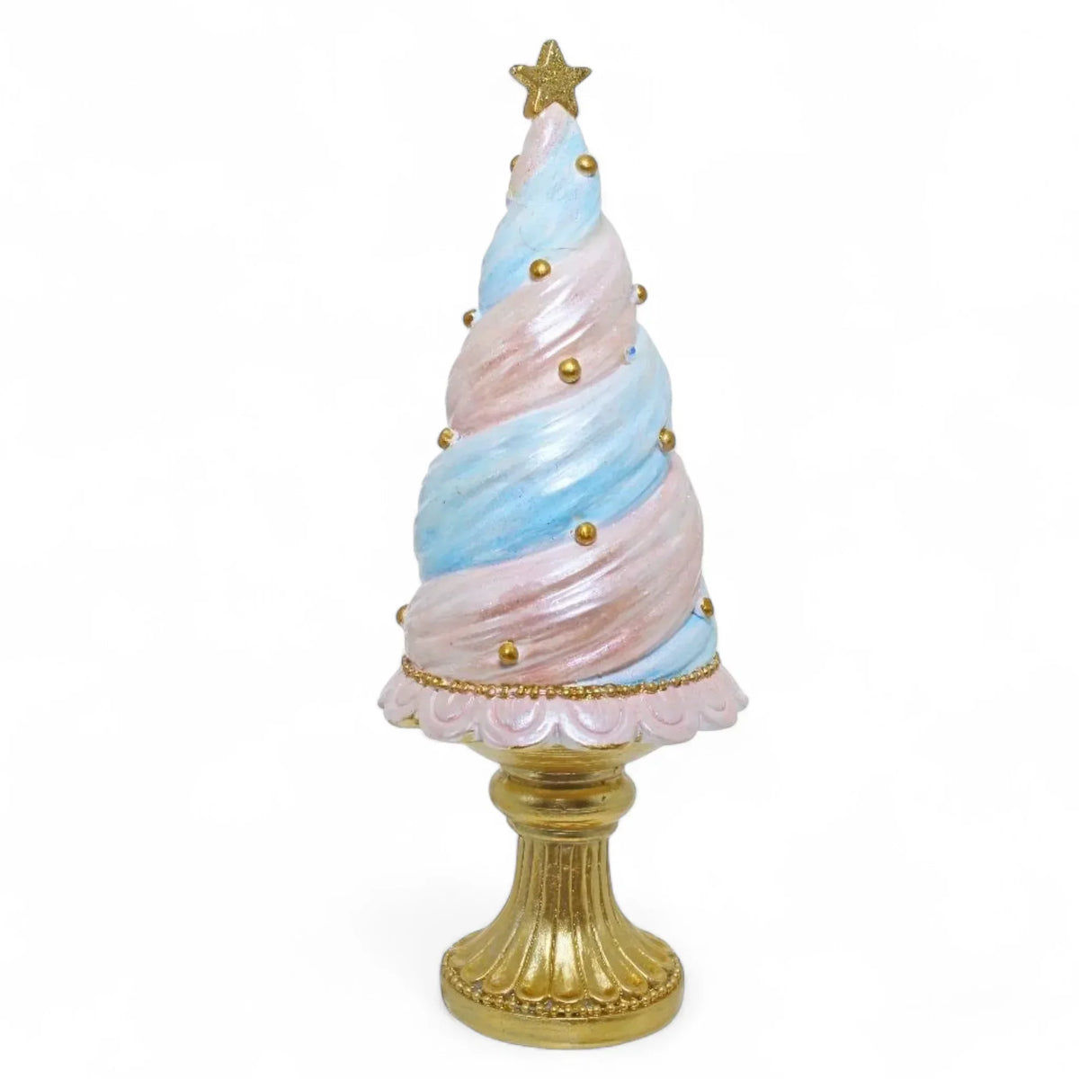 Pastel swirl Christmas tree decoration with gold star and base, festive home décor accent