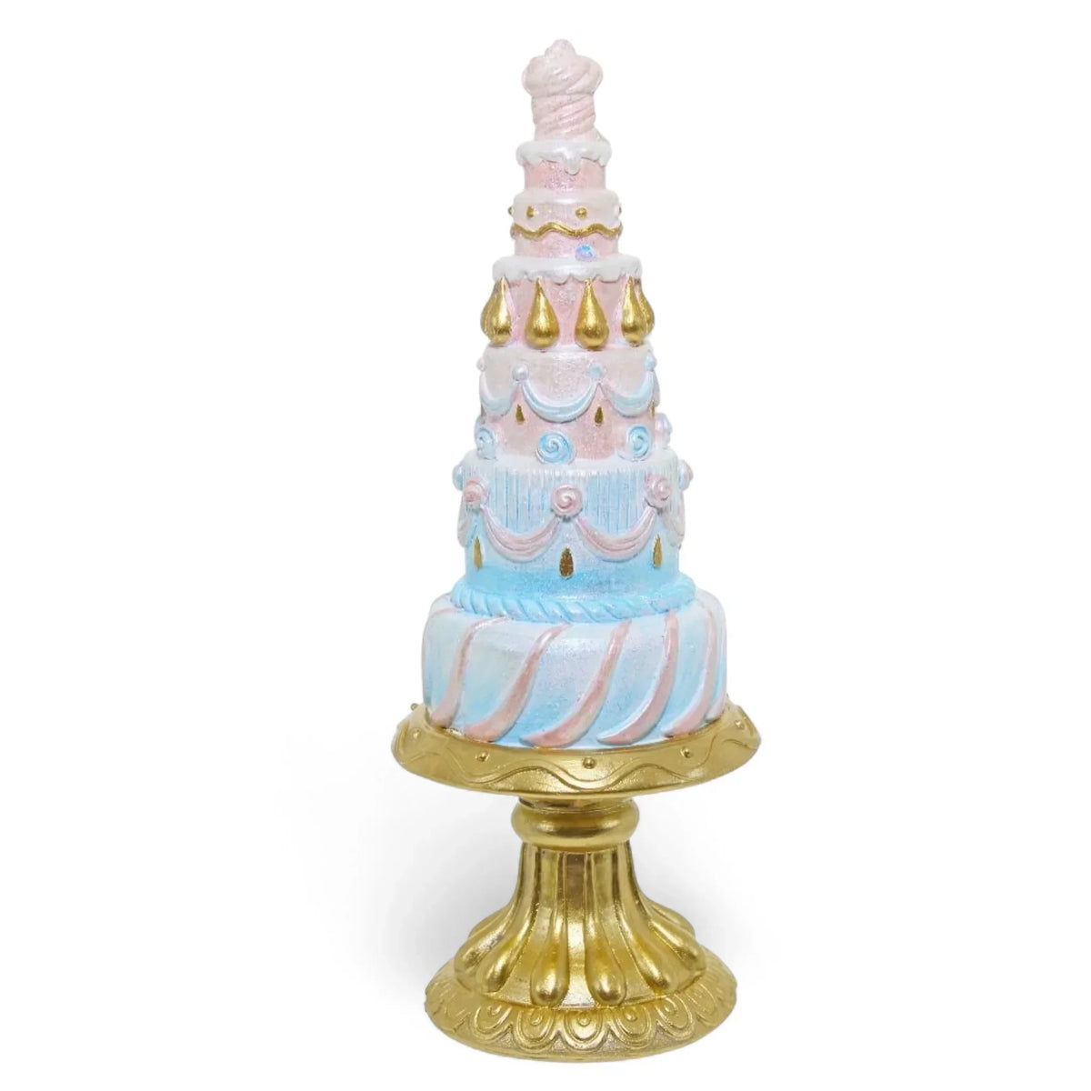 Pastel pink and blue tiered cake decoration with gold accents on ornate stand, home décor accent piece