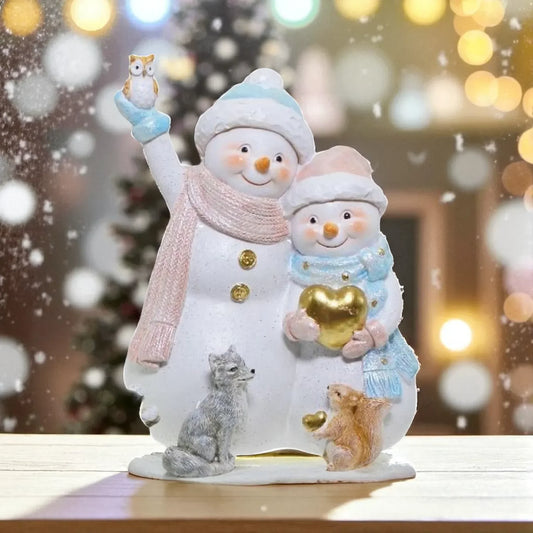 Charming snowman figurine with owl, fox, squirrel, and golden heart for festive home décor