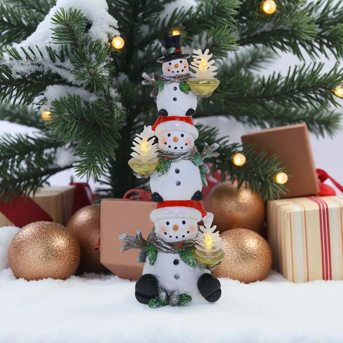 Stacked snowman figurine with glowing pinecones, festive Christmas decoration for home
