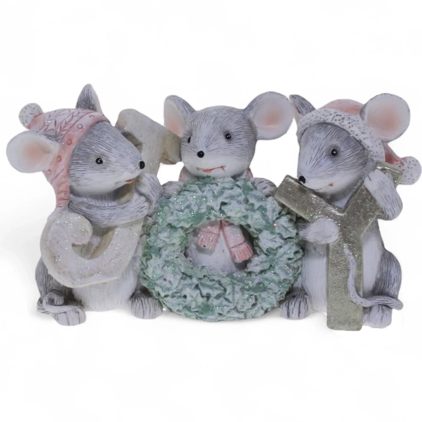 Three festive mouse figurines with holiday wreath and glittery letters, perfect for Christmas home décor
