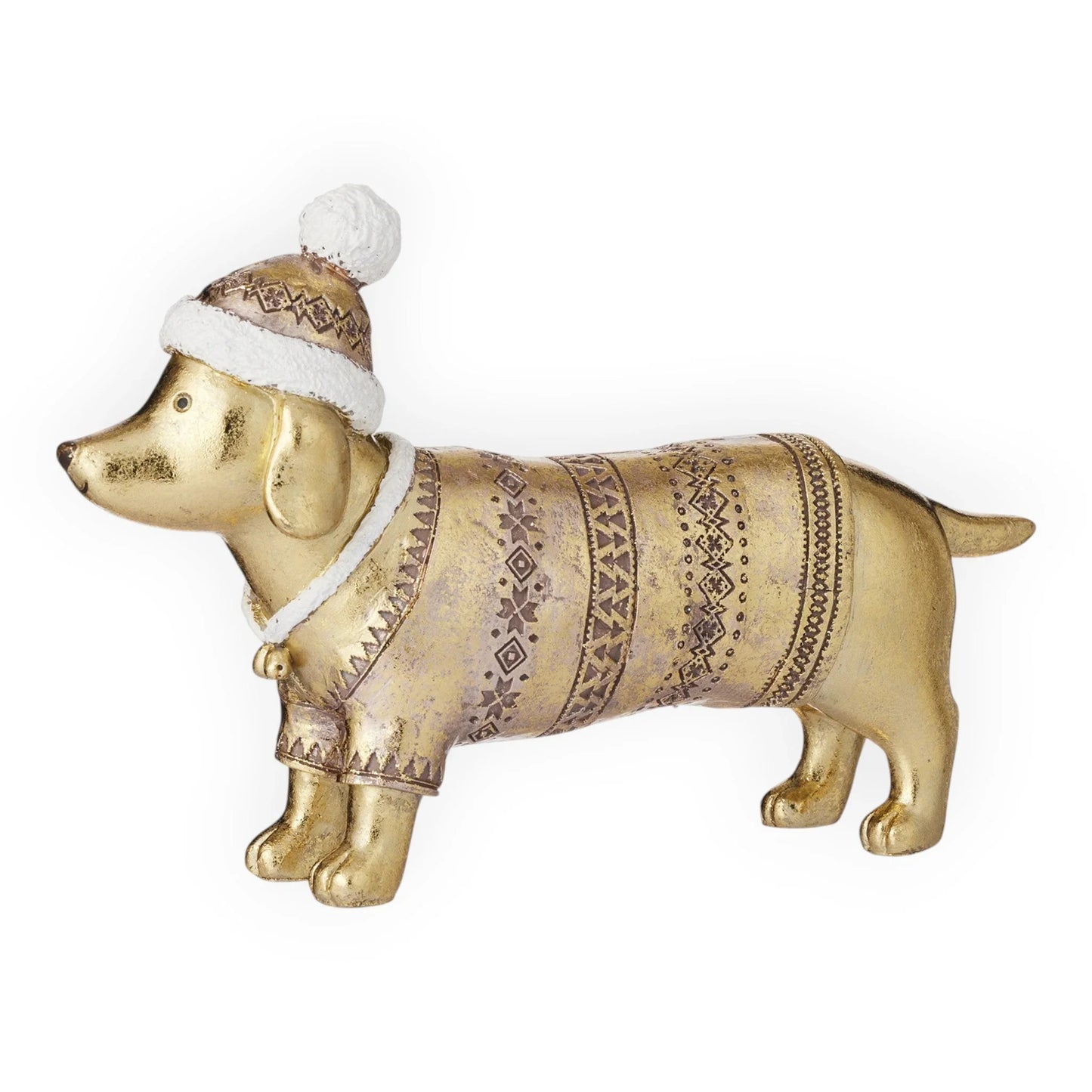 Golden dachshund figurine in festive sweater and hat, holiday home decor accent piece