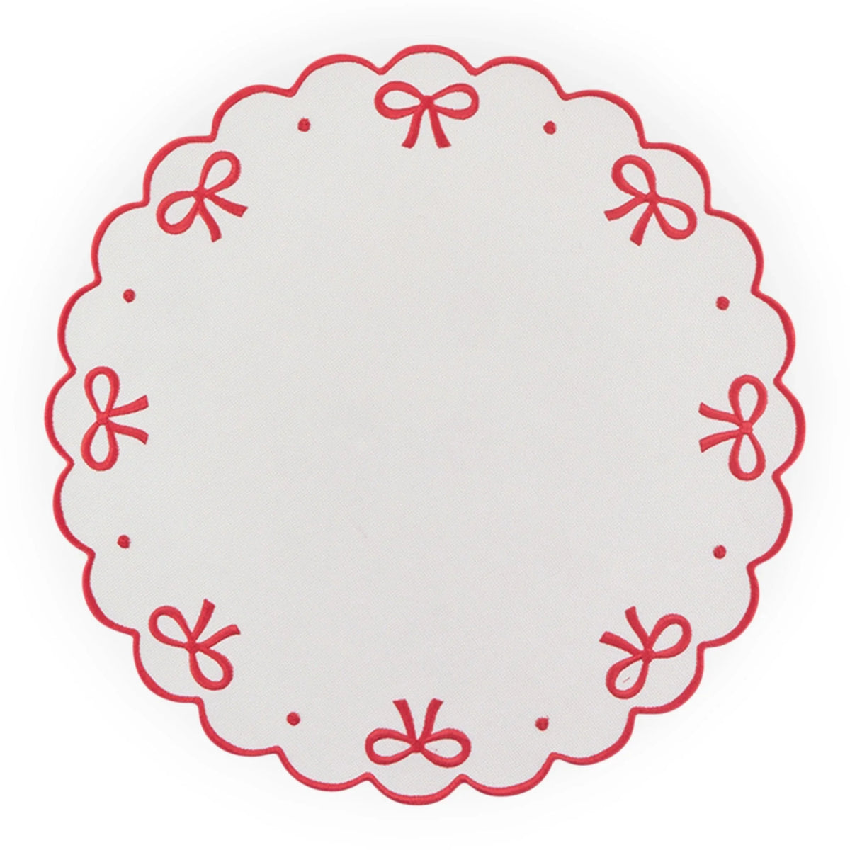 White placemat with red scalloped edge and bow embroidery, elegant home decor accessory