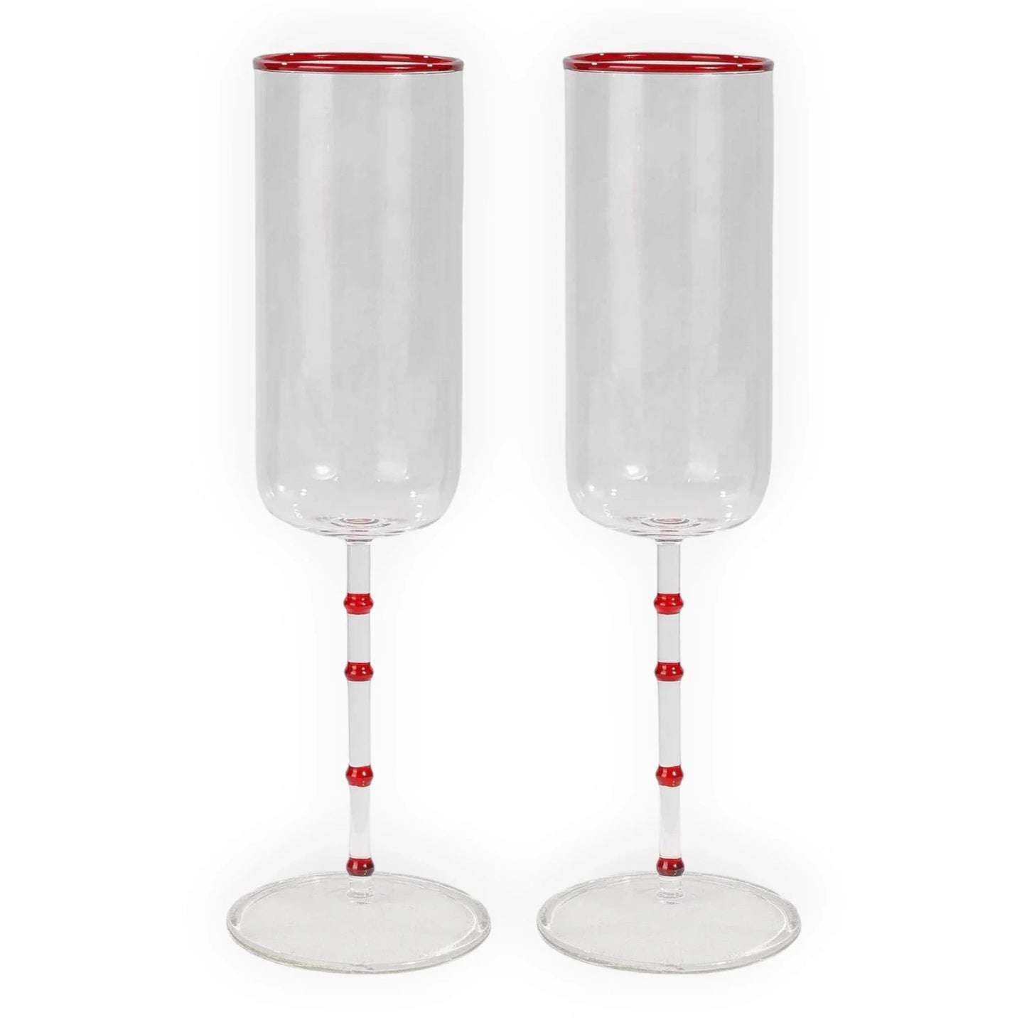 Elegant red-accented champagne flutes with bamboo-style stems, perfect for luxury home dΓ©cor and special occasions.