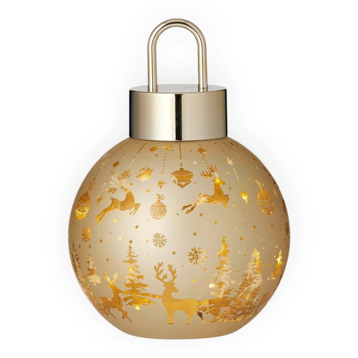 Gold Christmas ornament with reindeer, snowflakes, and trees, perfect for festive home décor