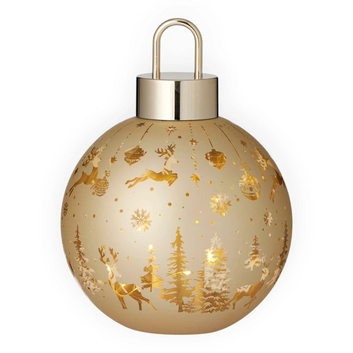 Gold Christmas ornament with reindeer, snowflakes, and trees, perfect for festive home décor
