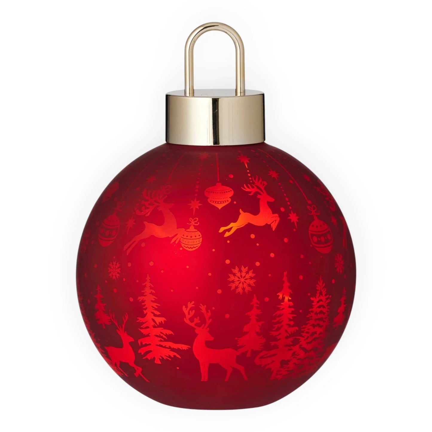 Red Christmas ornament with reindeer, snowflakes, and trees, gold cap for tree decoration