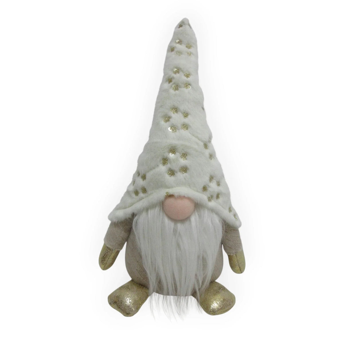 White plush gnome with gold glitter hat and shoes, perfect for festive home décor