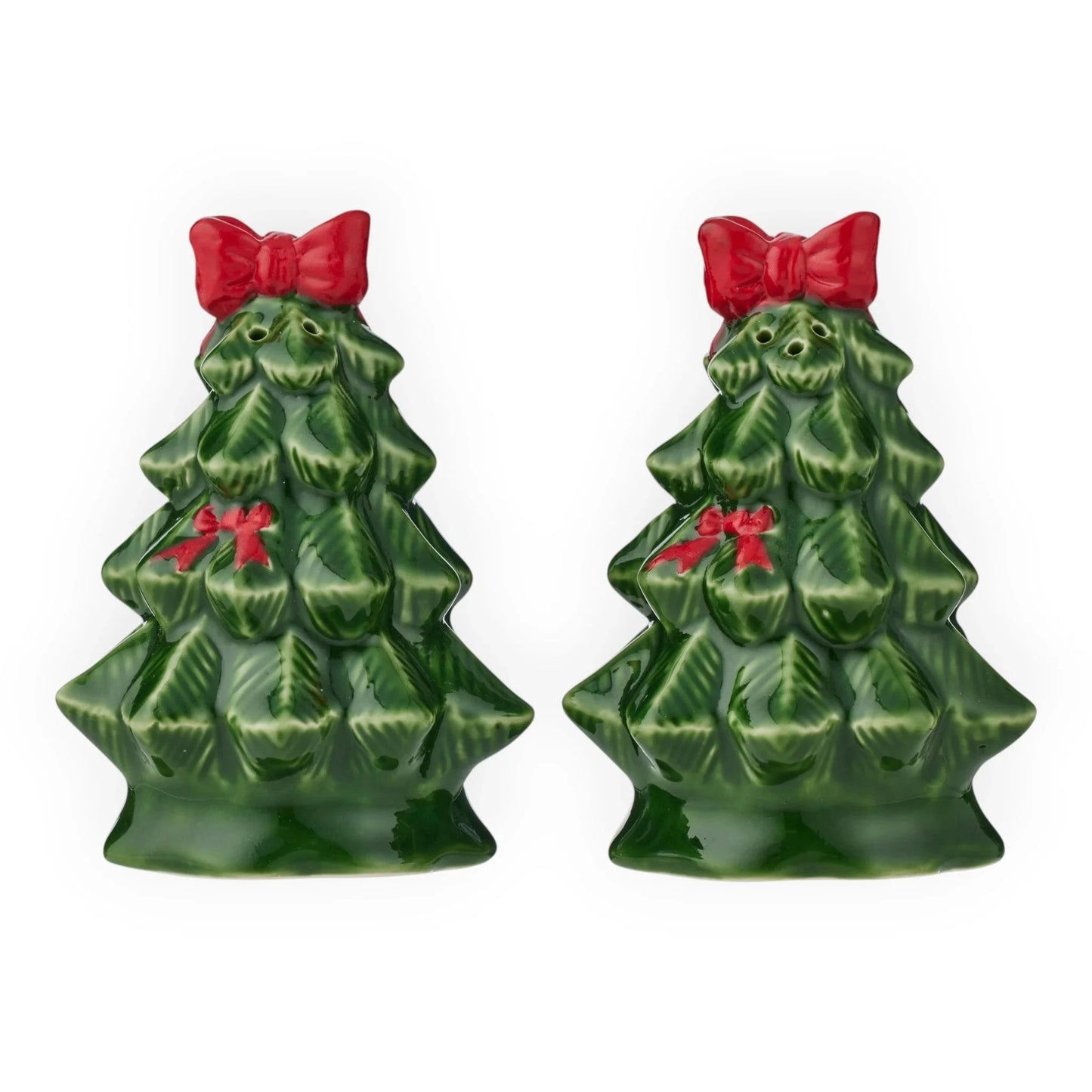 Green ceramic Christmas tree salt and pepper shakers with red bows, festive holiday home decor