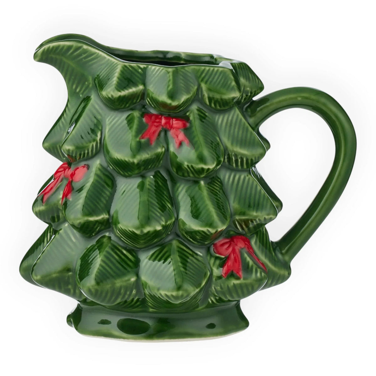 Green ceramic Christmas tree pitcher with red bows, festive holiday home decor accent piece