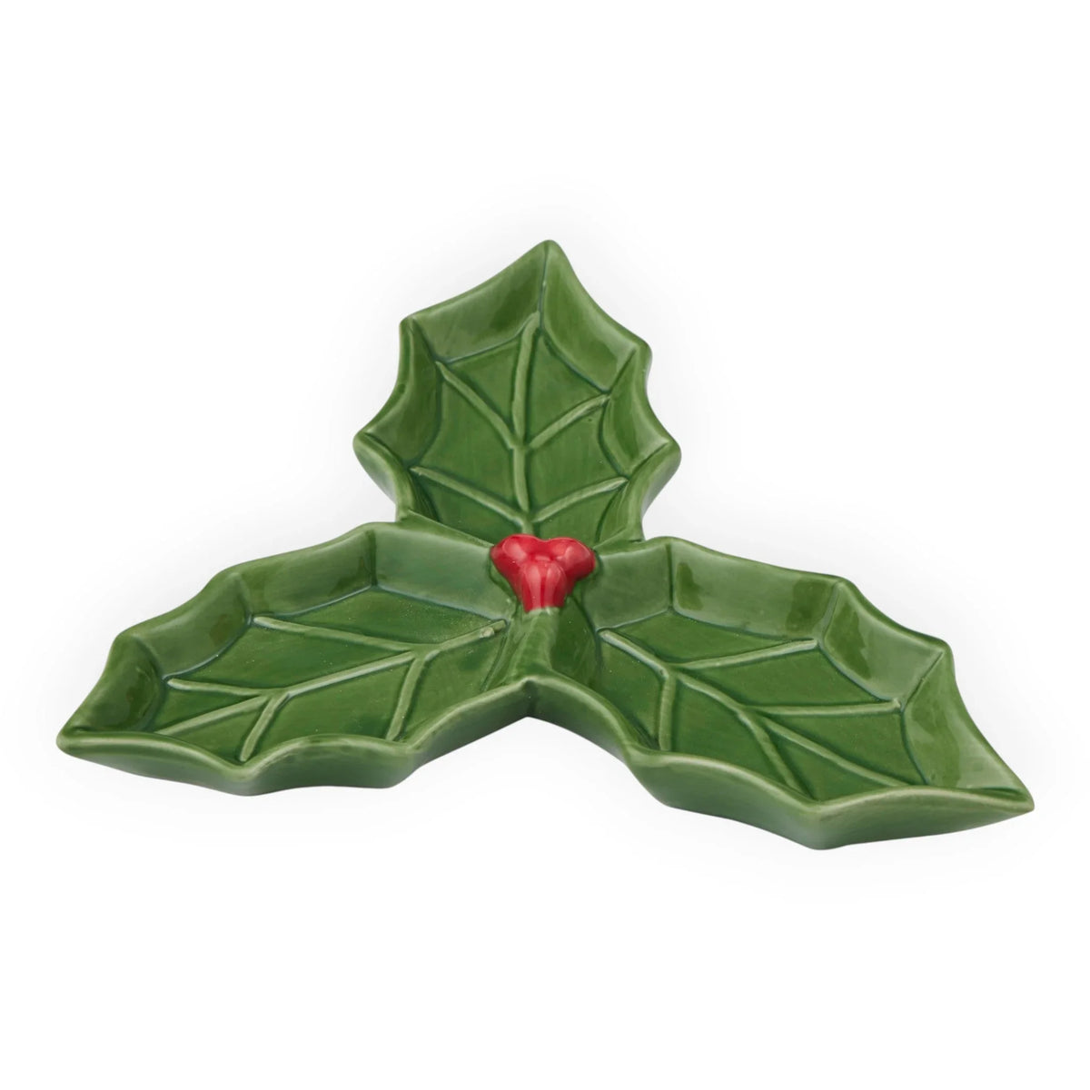 Green ceramic holly leaf dish with red berries, festive holiday home decor accent piece