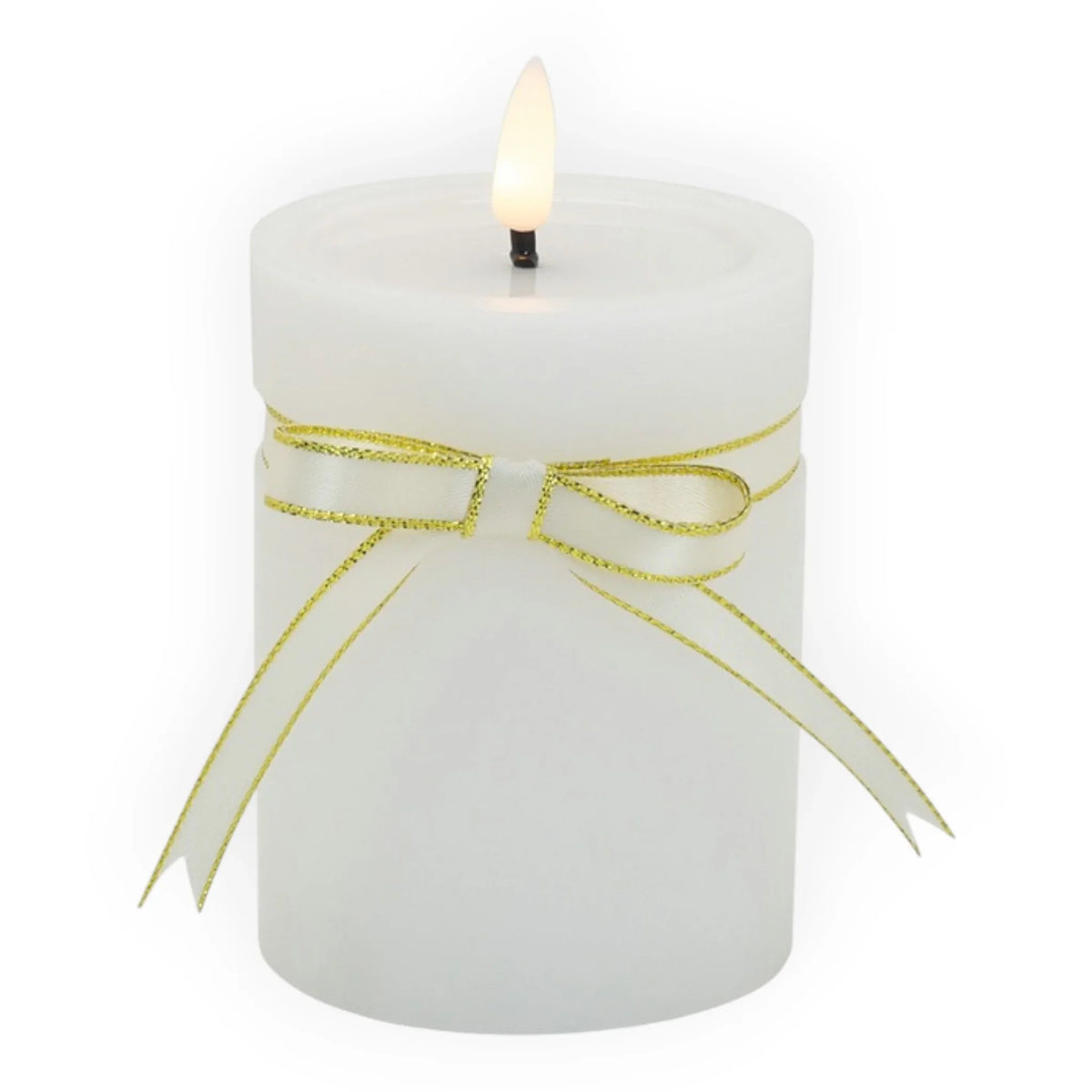 White LED candle with gold glitter ribbon bow, elegant home décor accent