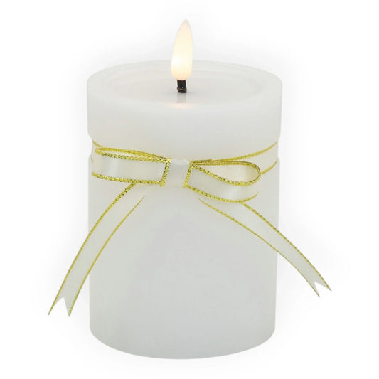 White LED candle with gold glitter ribbon bow, elegant home décor accent