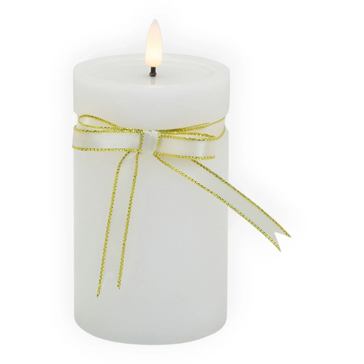 White LED pillar candle with gold glitter ribbon bow, elegant home décor accent