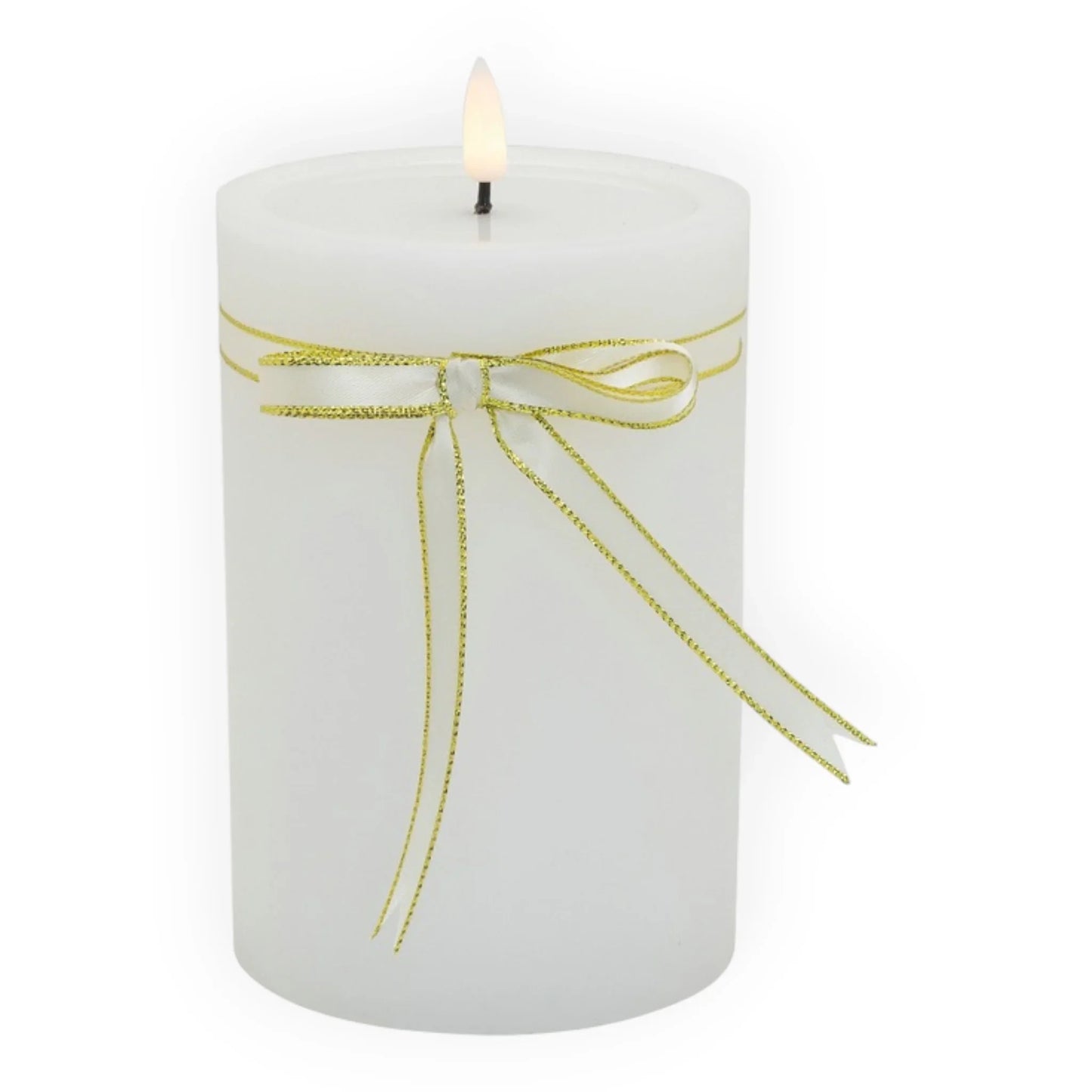 White LED pillar candle with gold ribbon bow, elegant home décor lighting