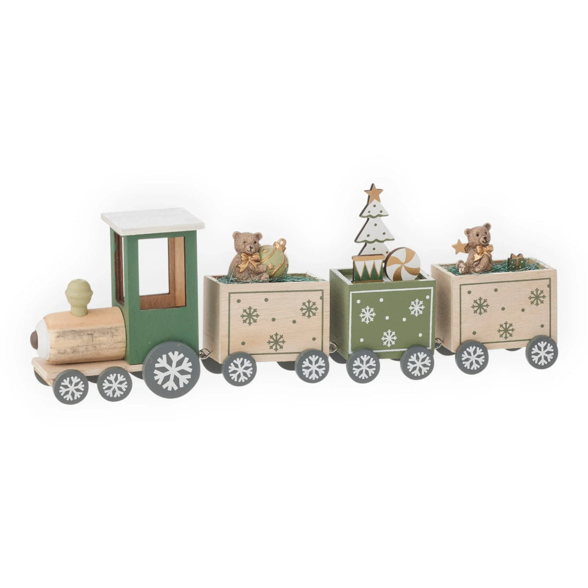 Wooden Christmas train with snowflake wheels, teddy bears, tree, and ornaments for holiday home décor