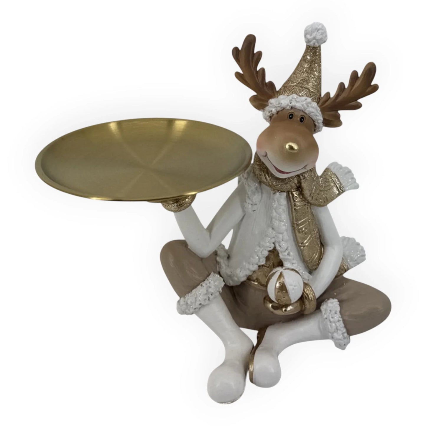 Festive reindeer figurine holding gold tray, holiday home decor with glittery hat and scarf