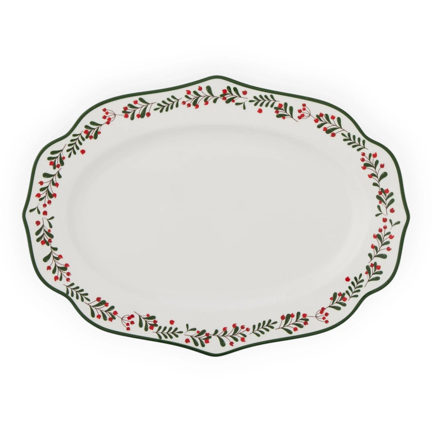 White oval platter with festive red berry and green leaf border, perfect for holiday dining and home décor