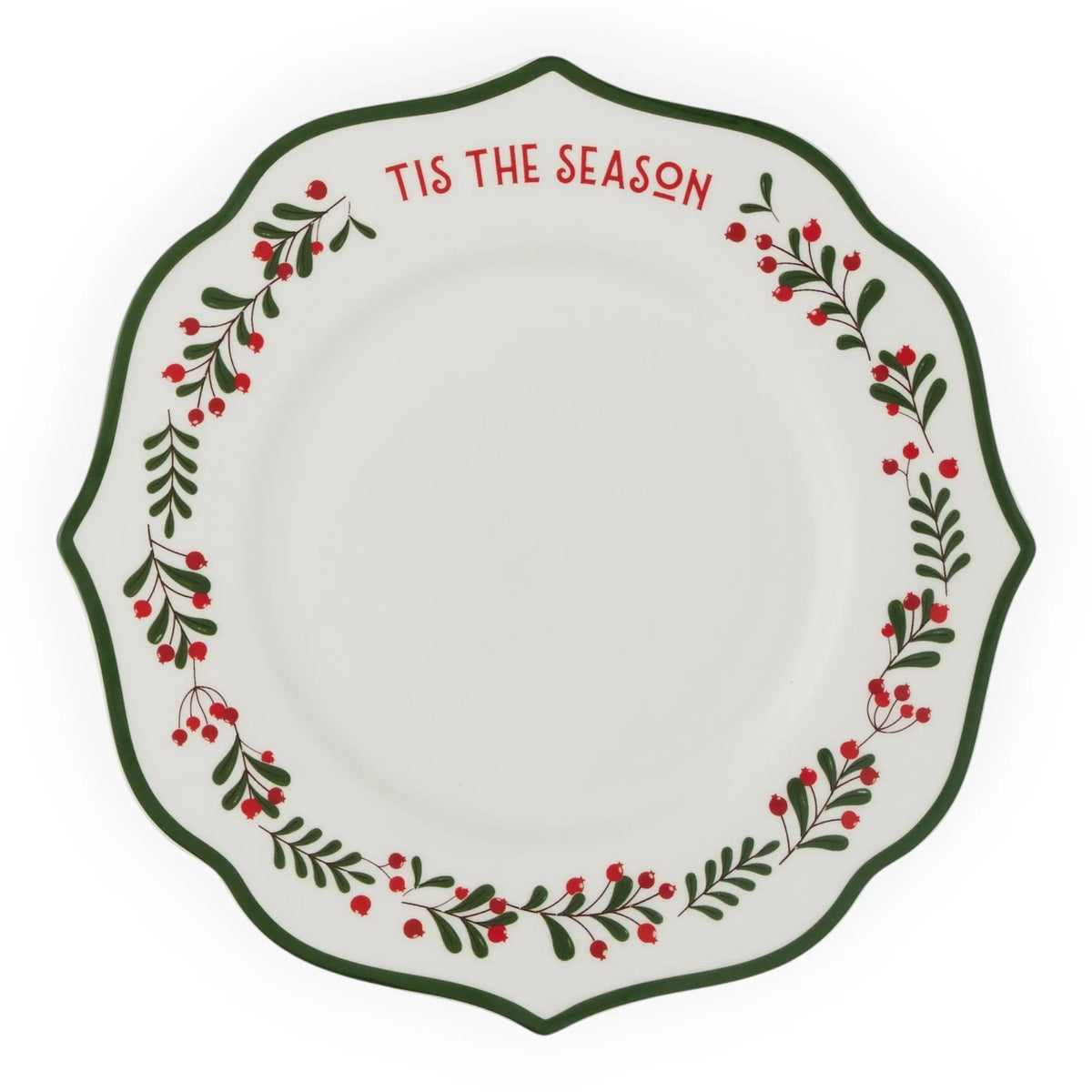 White holiday plate with 'Tis the Season' text, red berries, green leaves, and scalloped edge for festive dining.
