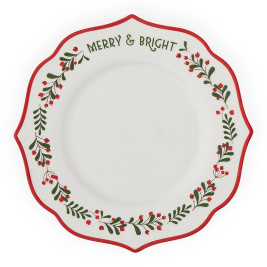 Merry & Bright holiday plate with red berry and green leaf border, festive Christmas dinnerware