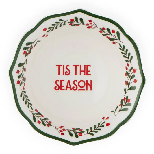 Tis the Season ceramic plate with holly berry border, festive holiday home decor