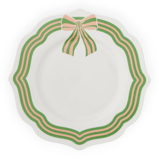 White ceramic plate with scalloped edge, green and pink striped bow design, vintage home decor accent