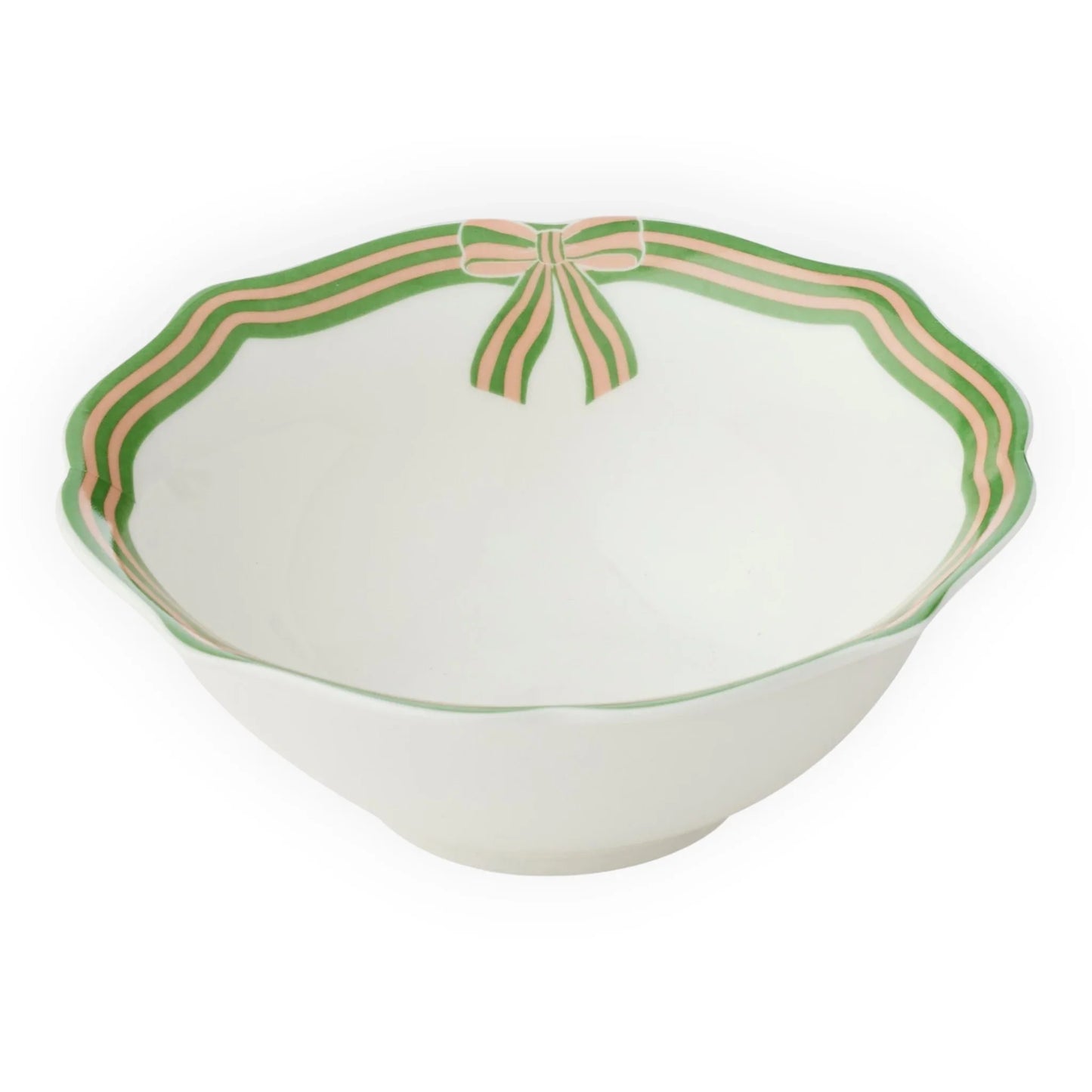 White ceramic bowl with green and pink ribbon bow design, scalloped edge, vintage home decor
