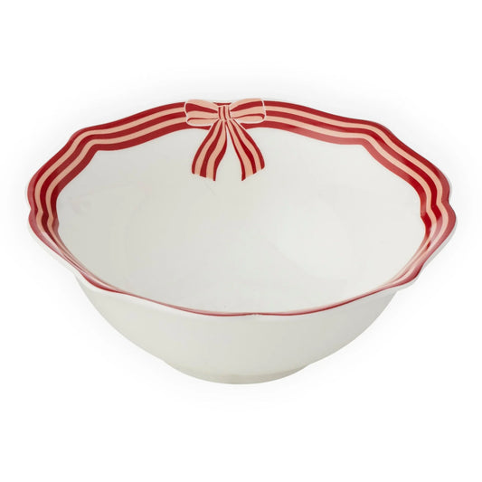 White ceramic bowl with red striped bow design, elegant home decor piece
